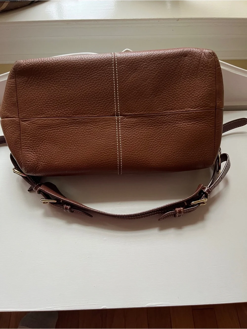 Dooney & Bourke Dark Brown Leather Messenger Bag with Brass Accents